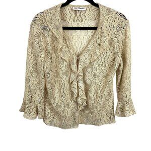 Womens Small Y2K Beige Lace Ruffle Blouse Cardigan Flared 3/4 Sleeves